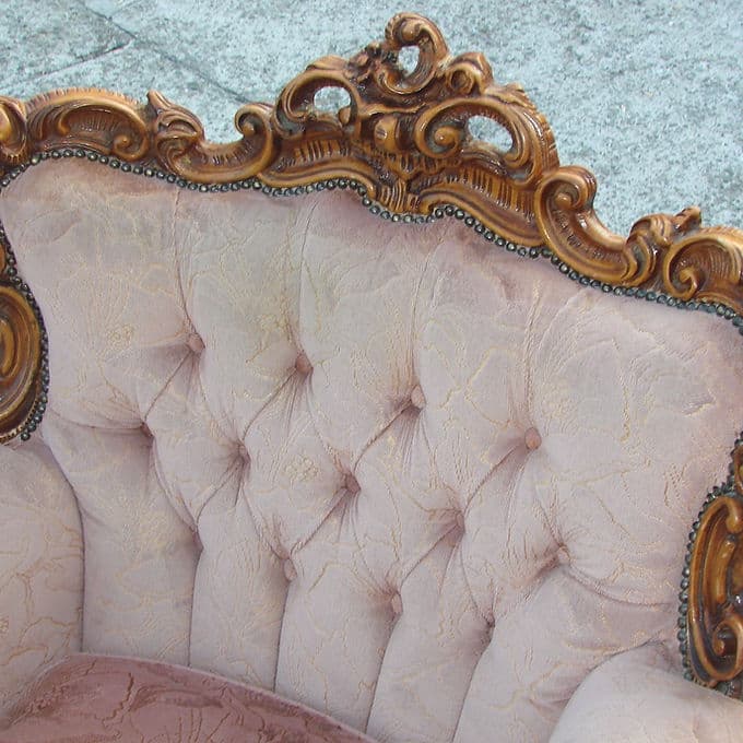 Fotel barokowy, różowy, drewno, Francja, lata 50. - 38001