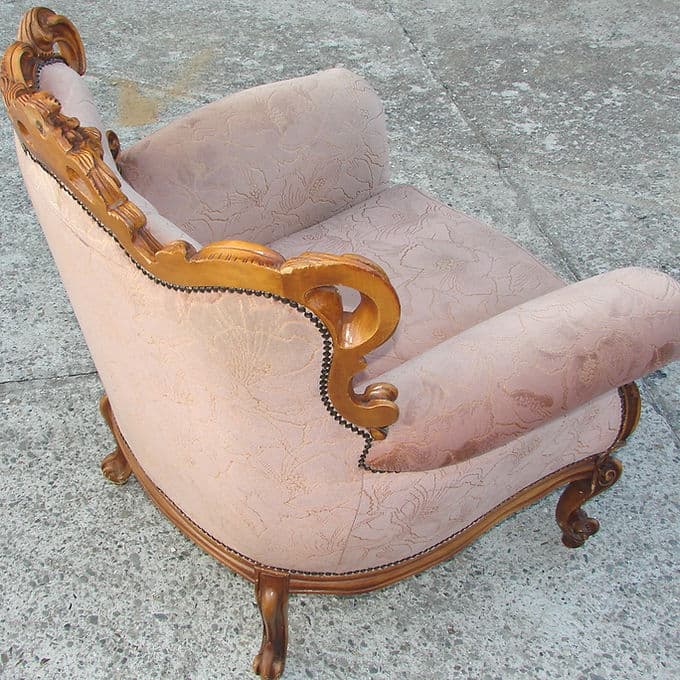 Fotel barokowy, różowy, drewno, Francja, lata 50. - 38005