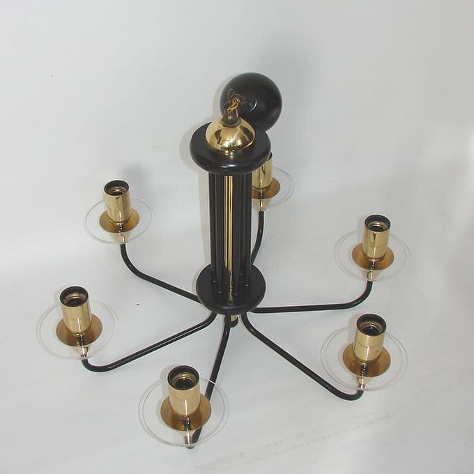 Żyrandol Mid century, mosiądz polerowany czarny, akryl transparentny, lata 70. - 37956