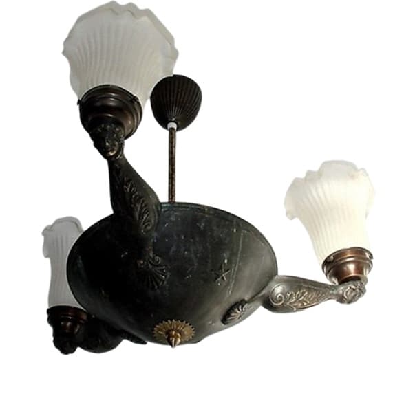 Żyrandol secesyjny, brąz ciemny, mosiądz, szkło, Europa, początek XX w.