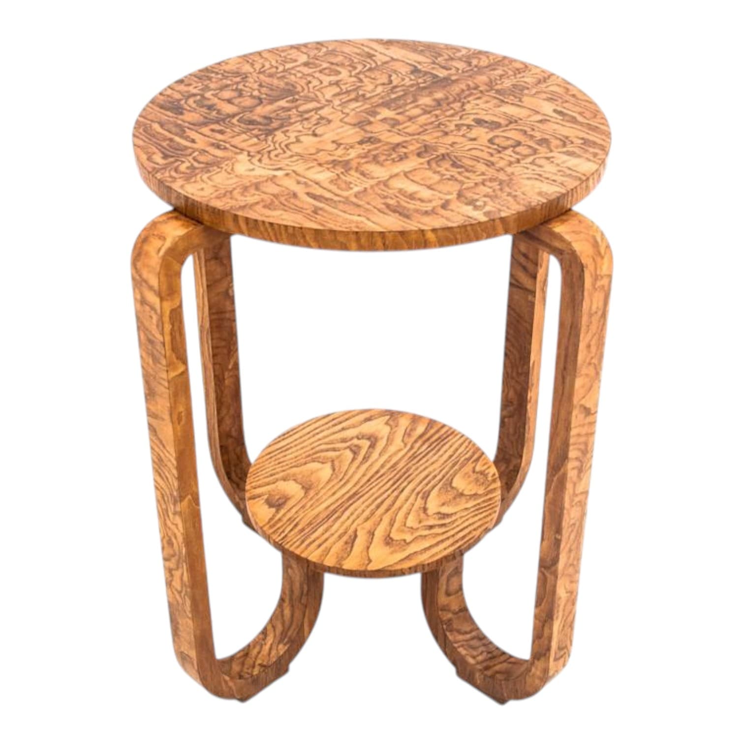 Round side table, Art Deco, brown wood, Poland, 1950s.