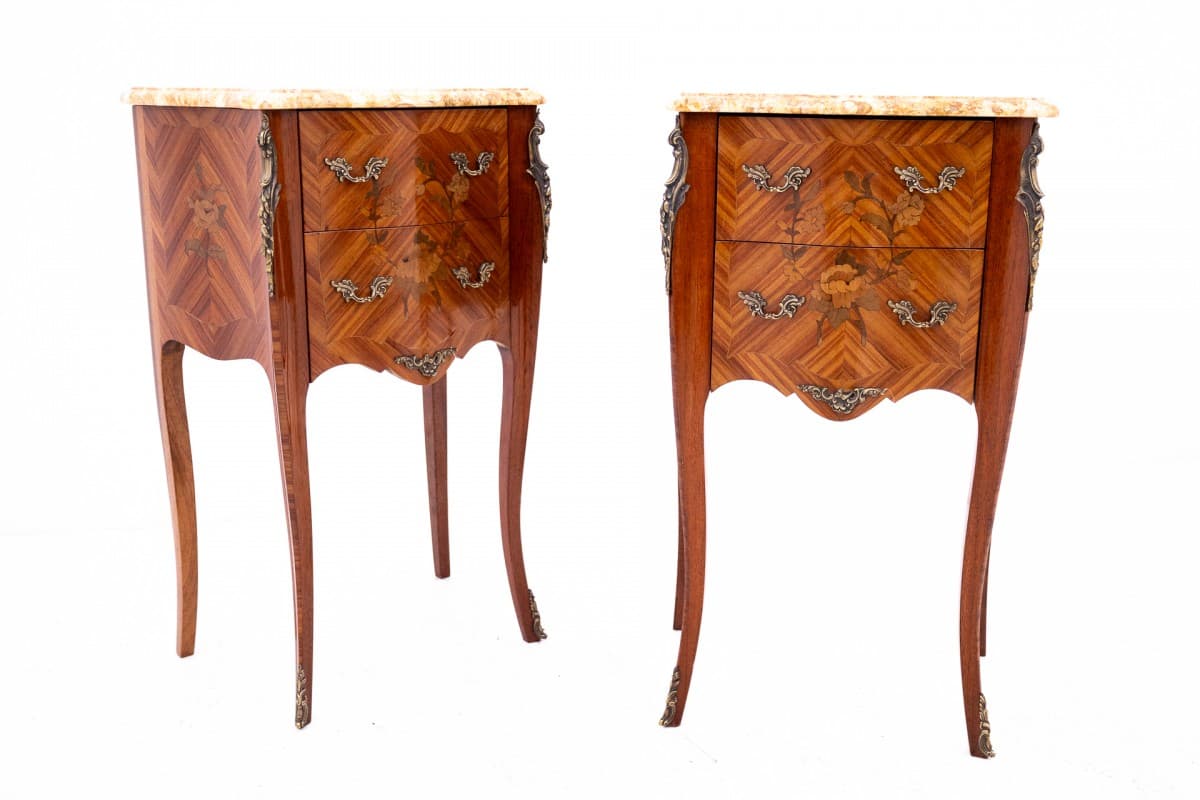 Pair of nightstands, Art Nouveau, brown wood, beige marble, France, early 20th c. - 60566