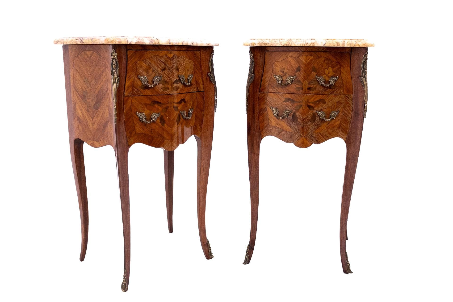 Pair of nightstands, Louis XV style, brown wood, cream marble, brass, France, early 20th c.