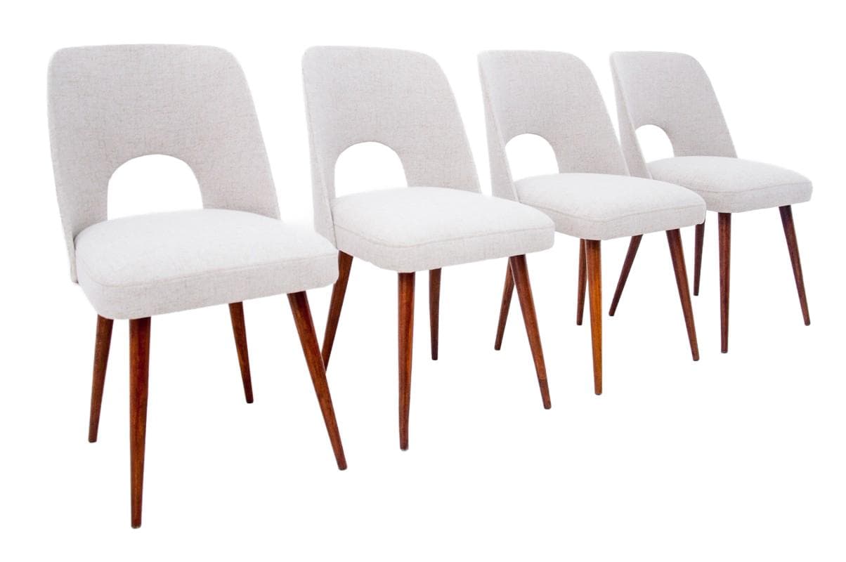 Set of Muszelki chairs, beige, walnut, Poland, 1960s.