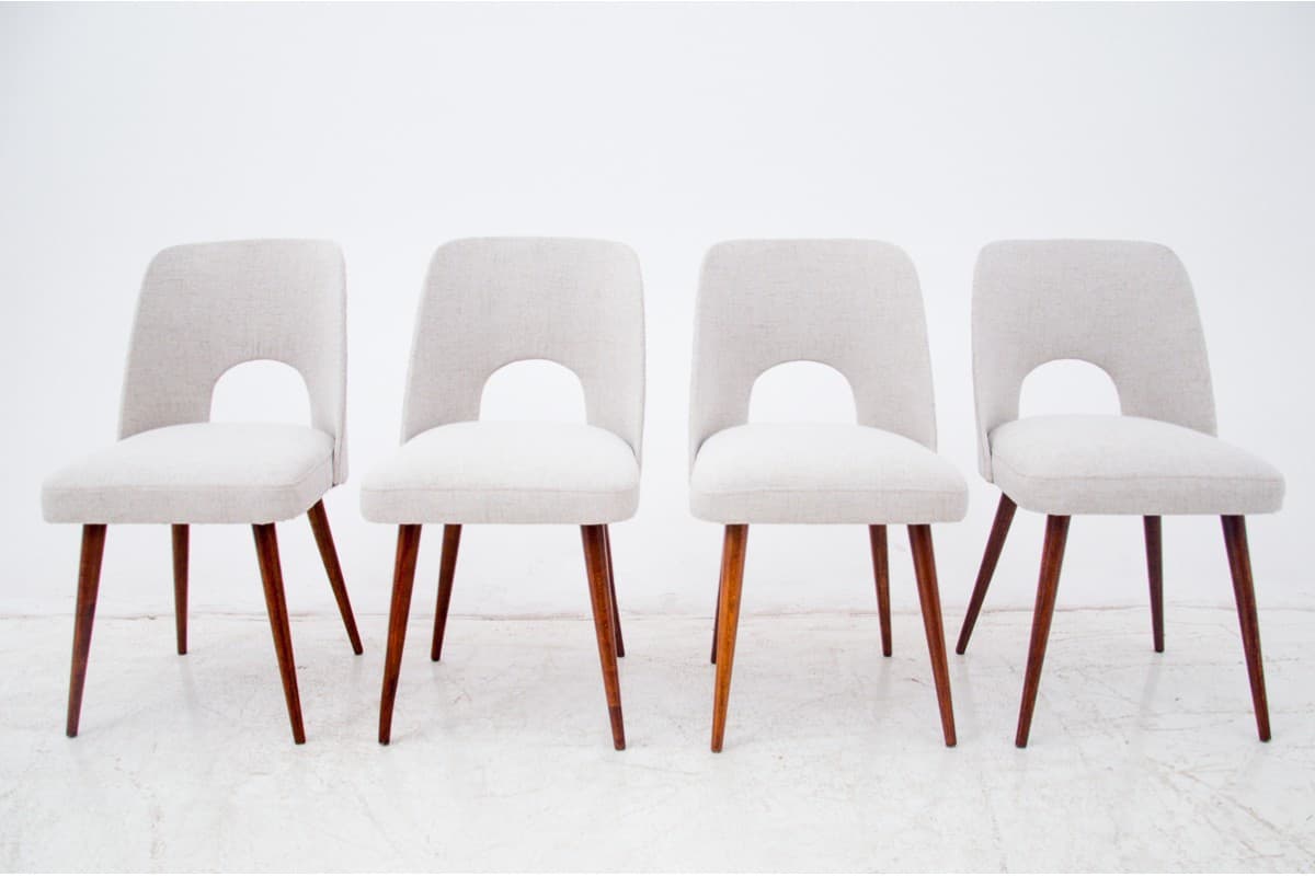 Set of Muszelki chairs, beige, walnut, Poland, 1960s. - 72459