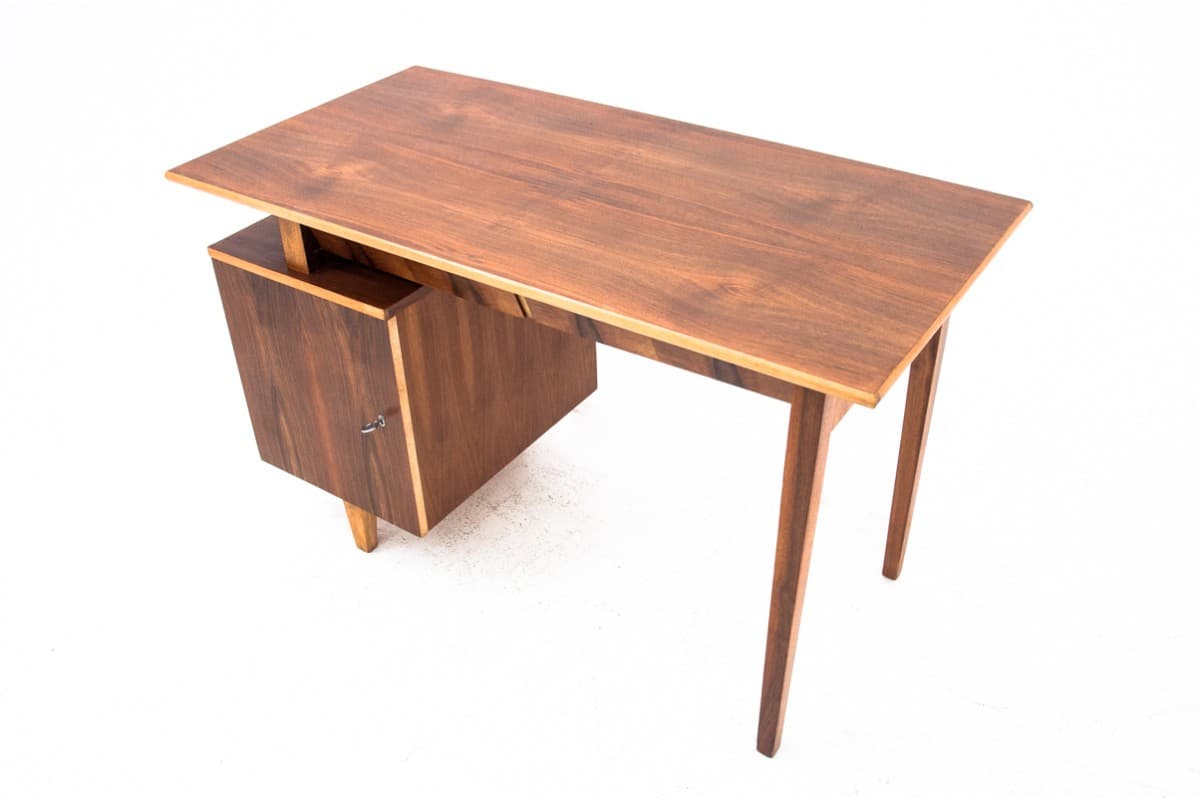 Desk, brown wood, by M. Puchała, Poland, 1960s - 67346