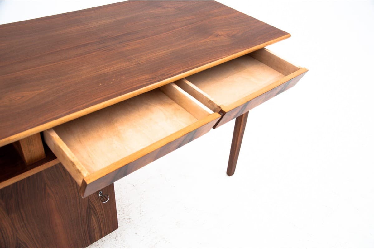 Desk, brown wood, by M. Puchała, Poland, 1960s - 67347