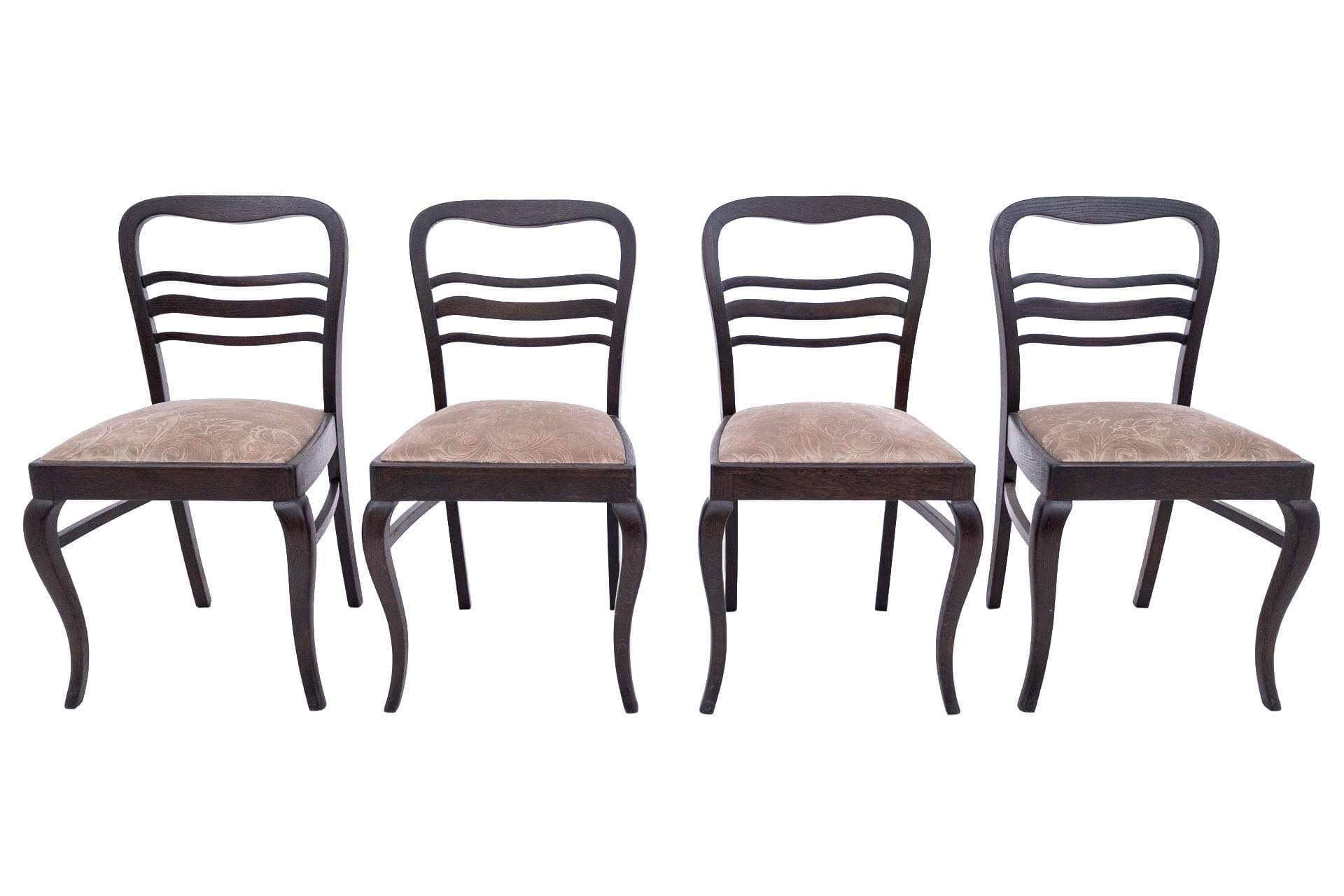 Komplet krzeseł, velvet beżowy, dąb, Polska, lata 30.