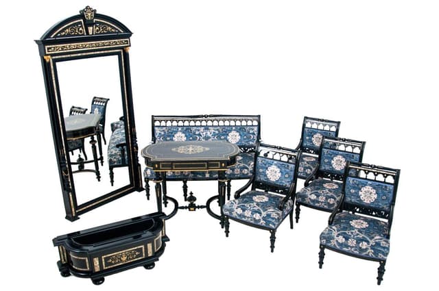 Komplet salonowy, drewno czarne, proj. H. Makart, Austria, lata 40. XIX w. - WYMIARY