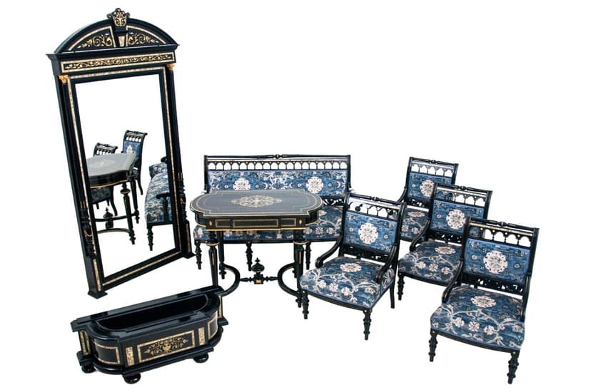 Komplet salonowy, drewno czarne, proj. H. Makart, Austria, lata 40. XIX w.