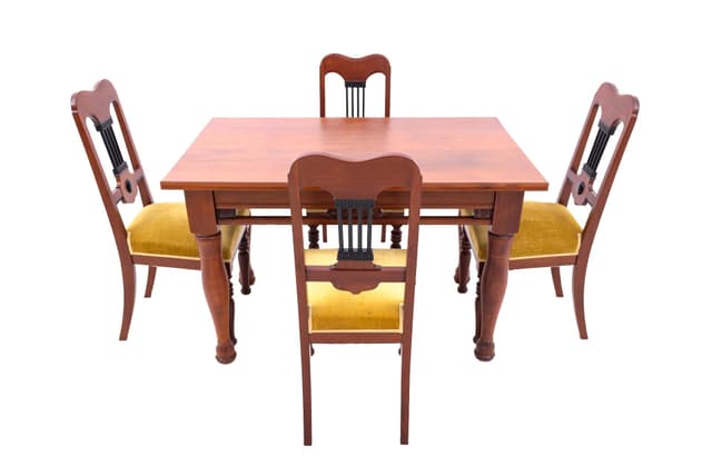 Komplet stół i cztery krzesła, drewno brąz, velvet musztardowy, początek XX wieku - WYMIARY