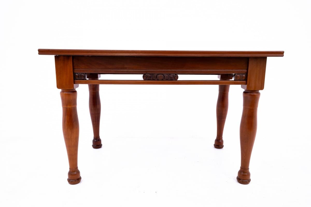 Komplet stół i cztery krzesła, drewno brąz, velvet musztardowy, początek XX wieku - 66986