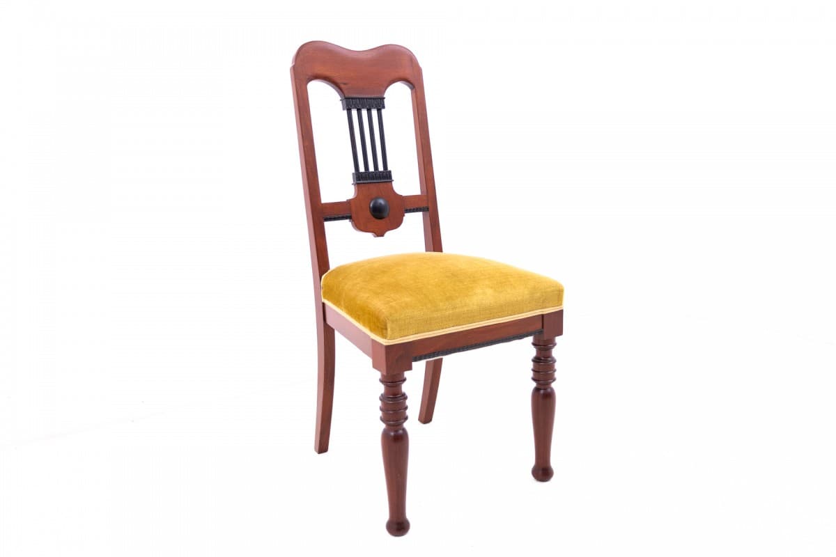 Set of six chairs, mustard velvet, brown wood, Northern Europe, turn of the 19th/20th c. - 66980