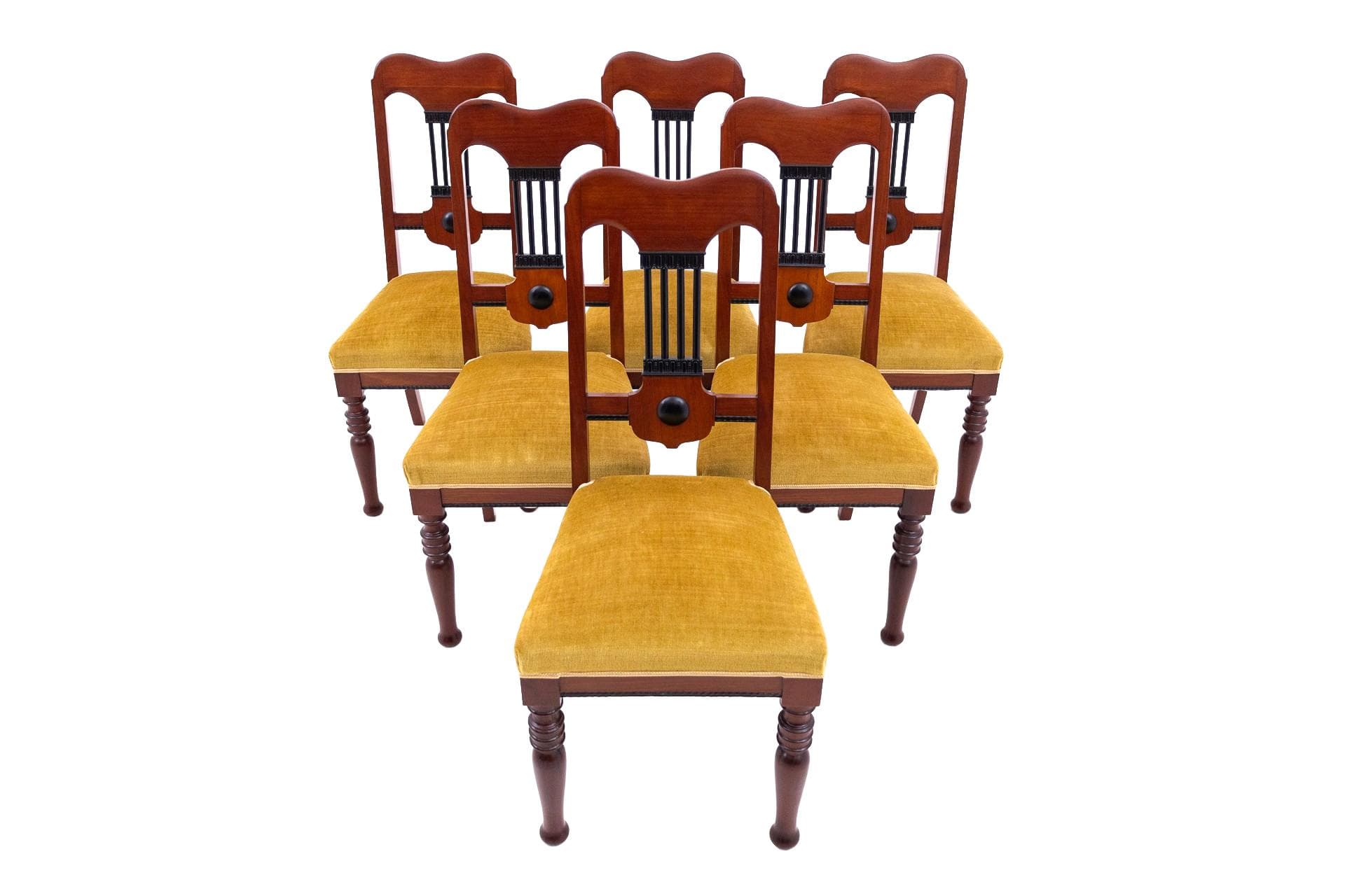 Set of six chairs, mustard velvet, brown wood, Northern Europe, turn of the 19th/20th c.