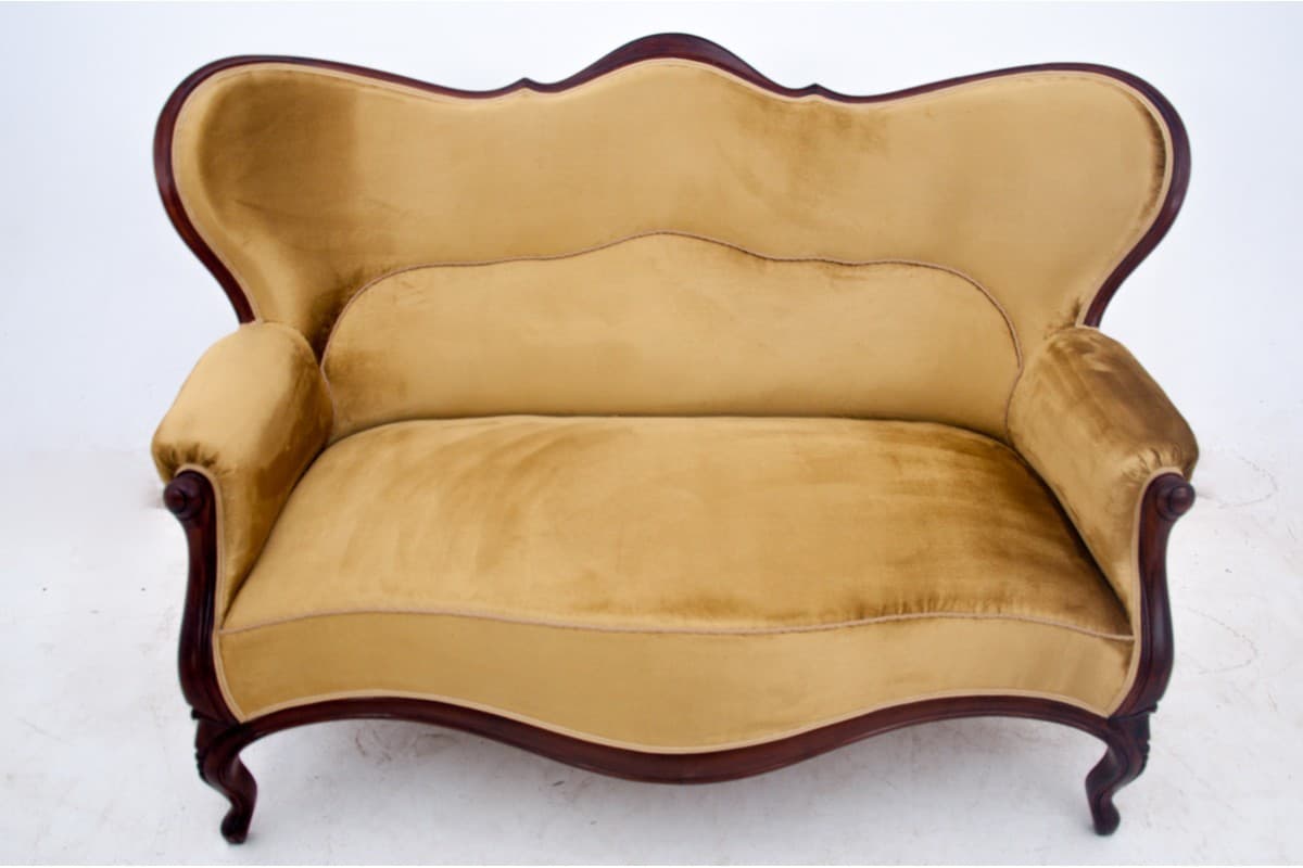 Sofa Ludwik Filip, velvet żółty, mahoń, Francja, XIX w. - 72980
