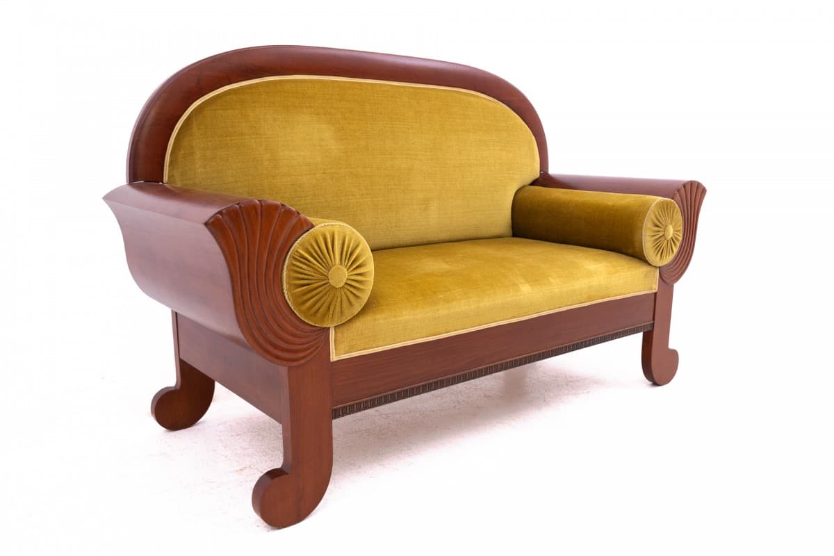 Sofa Biedermeier, velvet żółty, drewno, Europa Północna, lata 80. XIX w. - 73016