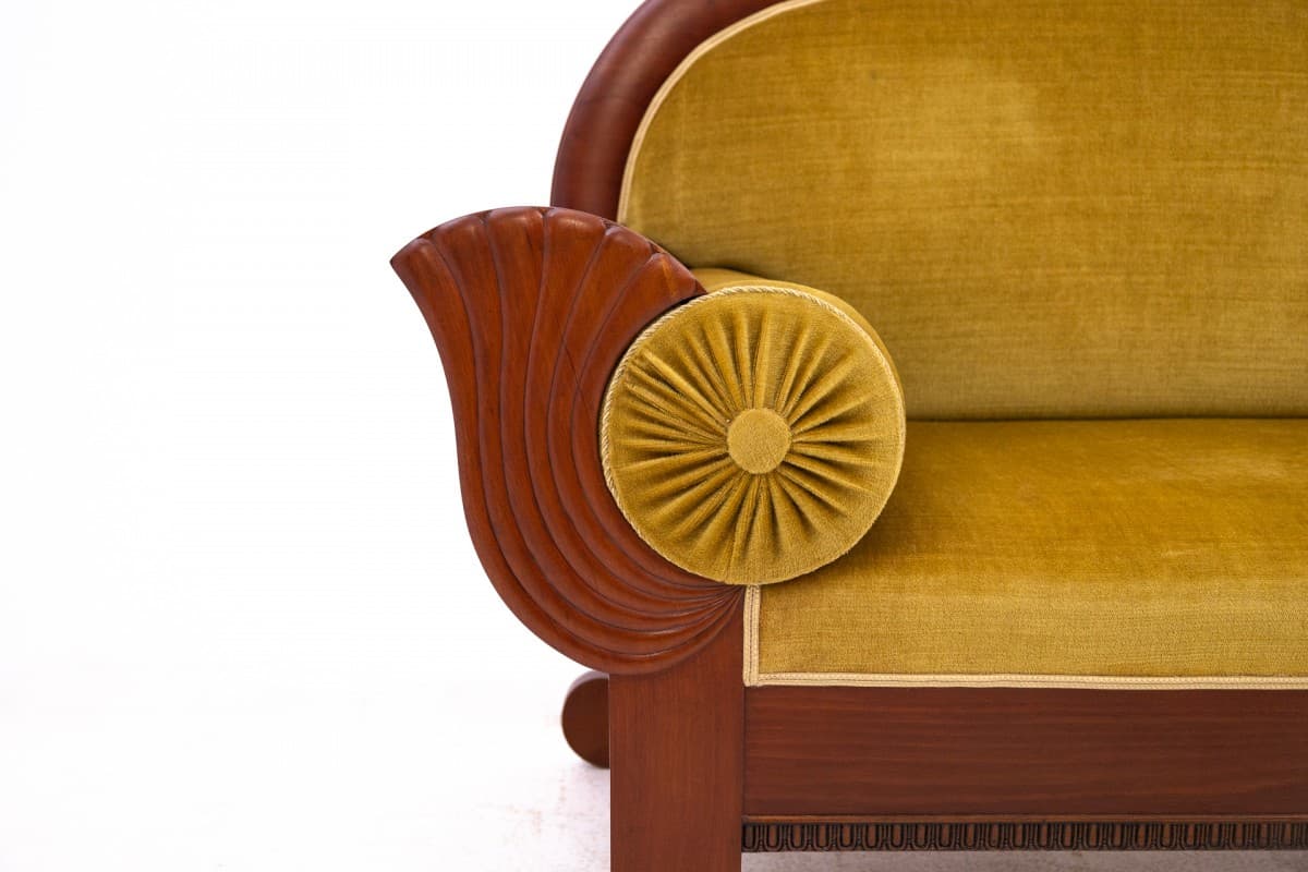 Sofa Biedermeier, velvet żółty, drewno, Europa Północna, lata 80. XIX w. - 73018