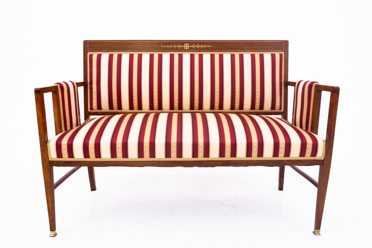 Komplet salonowy, drewno brąz, tapicerka burgund beż złoty, Francja, koniec XIX w. - 73043