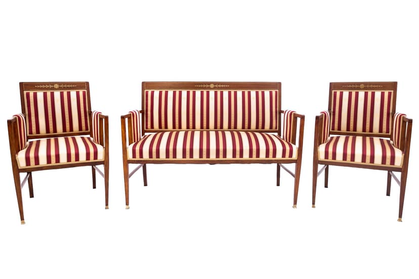 Komplet salonowy, drewno brąz, tapicerka burgund beż złoty, Francja, koniec XIX w.