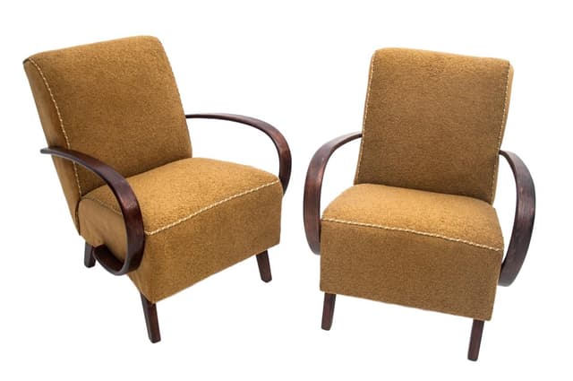 Para foteli Art Deco, boucle żółty, dąb, proj. J. Halabala, Czechy, lata 30. - WYMIARY