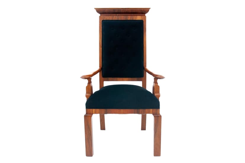 Fotel tronowy, velvet czarny, drewno, Europa Zachodnia, lata 20.