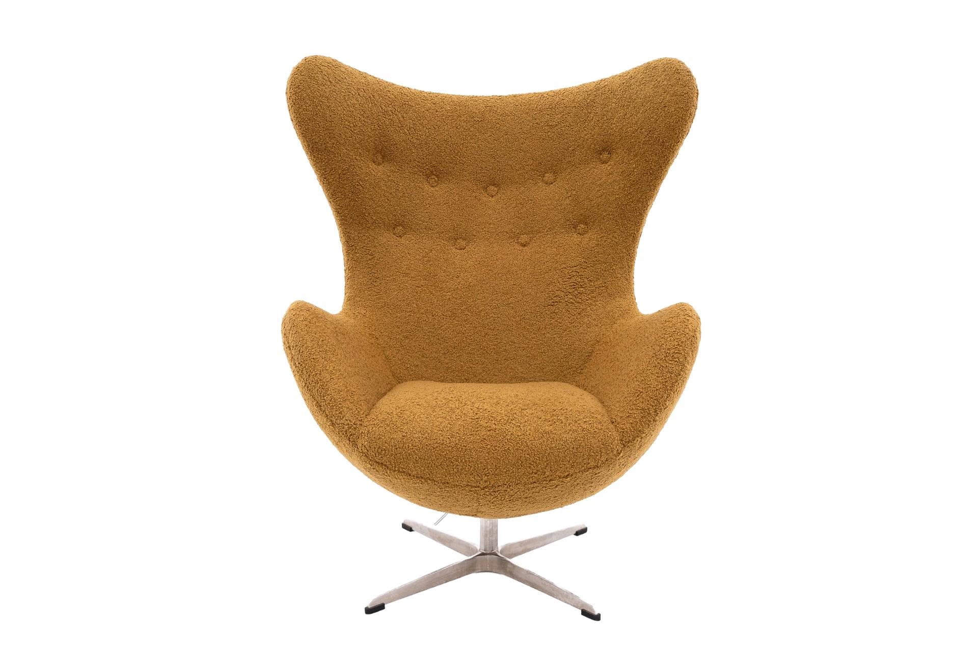 Fotel Egg, żółty boucle, aluminium, proj. A. Jacobsen, Fritz Hansen, Dania, lata 60.