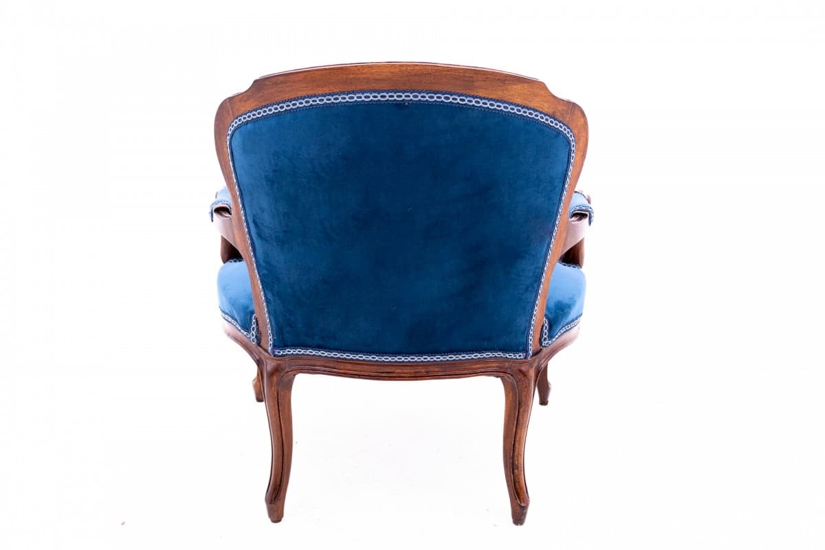 Fotel Ludwik XVI, velvet niebieski, orzech, Francja, lata 20. - 75659