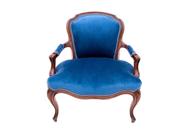 Fotel Ludwik XVI, velvet niebieski, orzech, Francja, lata 20. - WYMIARY