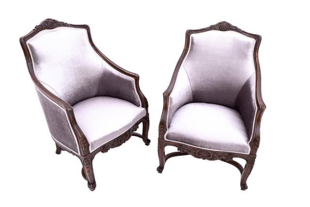Para foteli berżer, Rococo Revival, velvet srebrny, dąb, Francja, XIX w. - WYMIARY