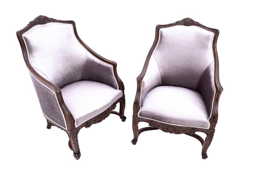 Para foteli berżer, Rococo Revival, velvet srebrny, dąb, Francja, XIX w.