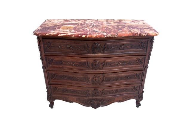 Komoda Rokoko Revival, marmur brązowy, drewno ciemnobrązowe, Europa Zachodnia, XIX wiek - WYMIARY