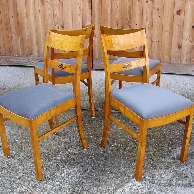 Komplet czterech krzeseł, Art déco, drewno miodowy, velvet jasnoniebieski, Europa, lata 40. - 38753