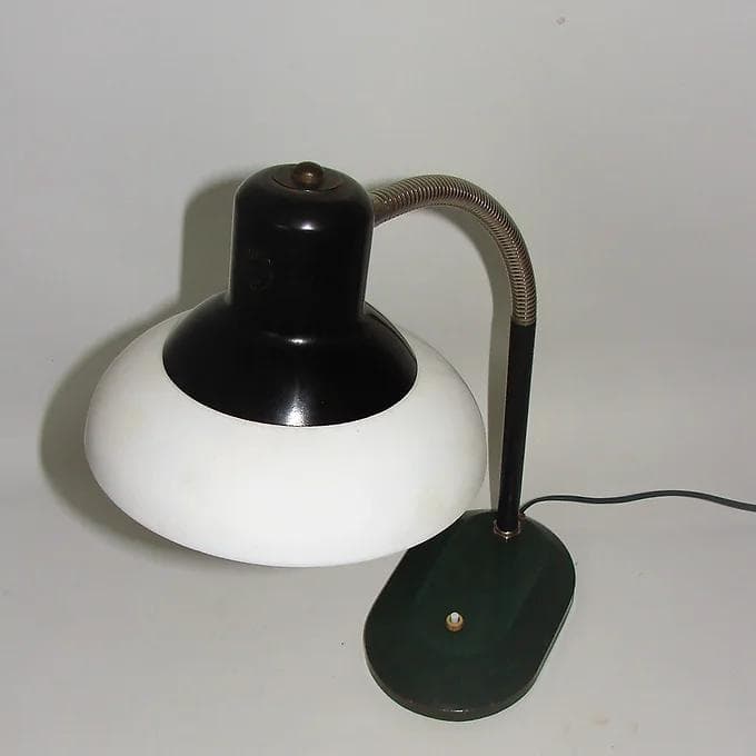 Lampa biurkowa Nolta Lux, metal czarny, szkło białe, podstawa zielona, lata 30. - 38716