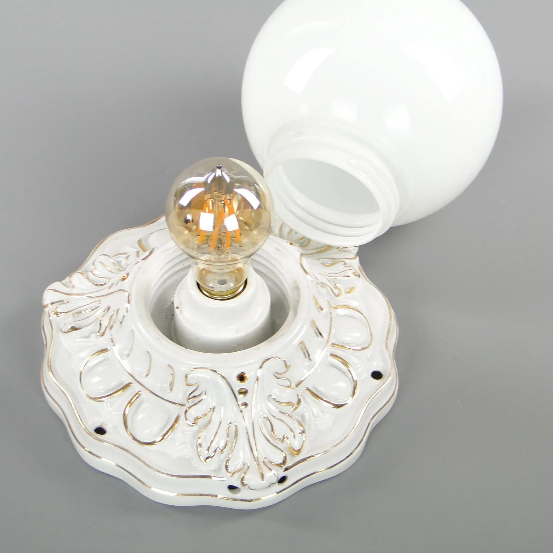 Eclectic Ceiling Light, white, glazed ceramics, white glass, Poland, 19th c. - 40725