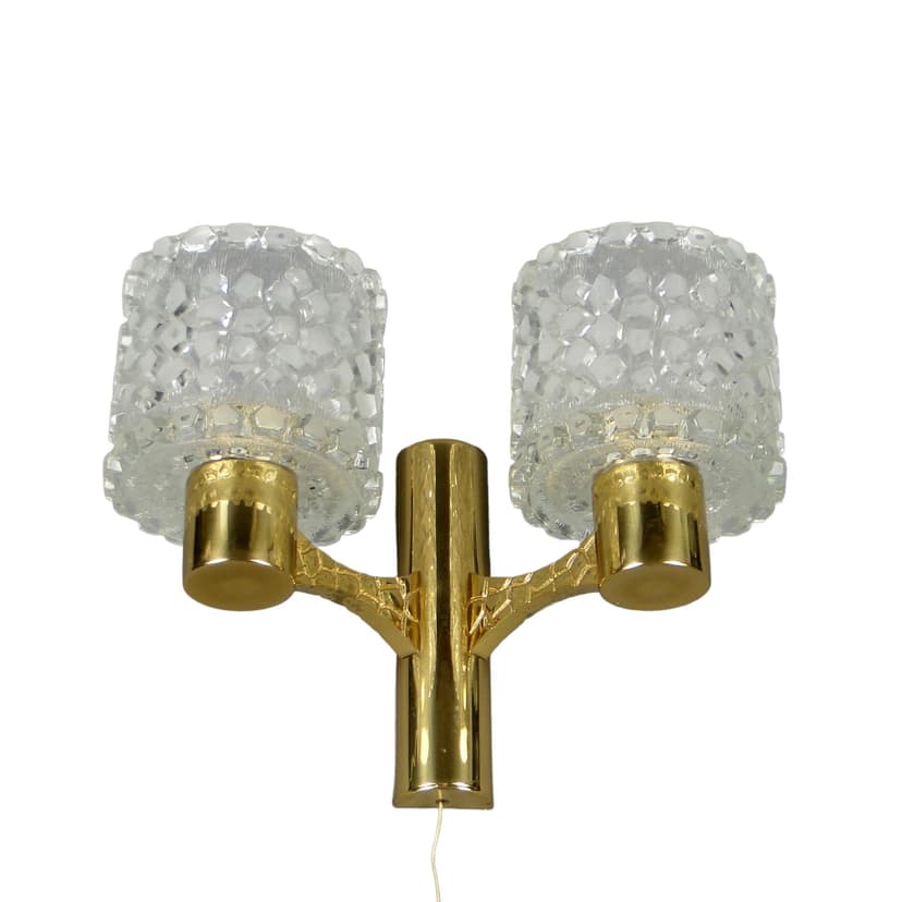 Kinkiet, mosiądz złoty, szkło przezroczyste, proj. C. Fagerlund, Orrefors, Szwecja, lata 60.