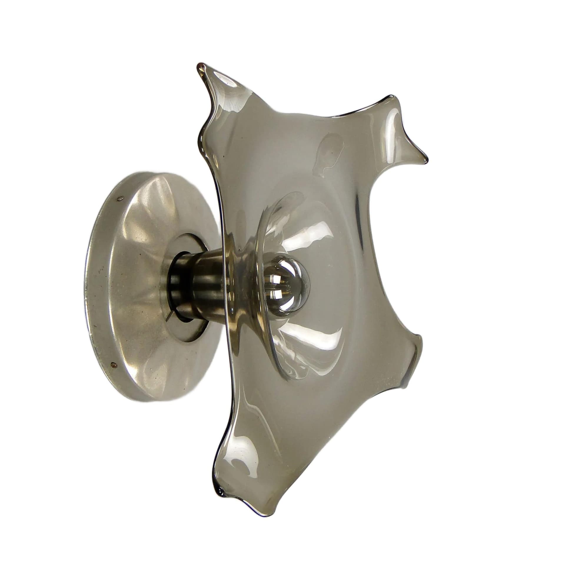 Plafon modernistyczny, szkło grafitowe, metal niklowany, Polam, Polska, lata 60.