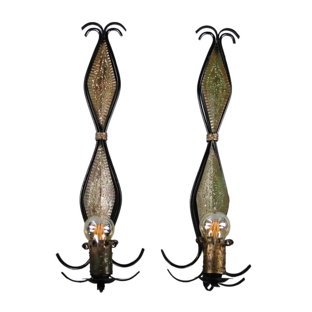 Para kinkietów, czarny stal, miedź miedziany, Polska, lata 60. - WYMIARY