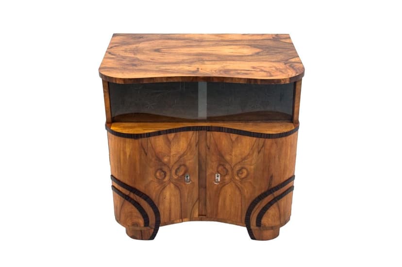 Komoda przeszklona Art Deco, orzech brązowy, Polska, lata 50.