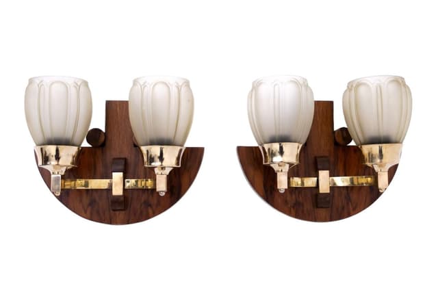 Pair of wall sconces, Art Deco, walnut brown, brass, glass, Poland, 1940s. - DIMENSION