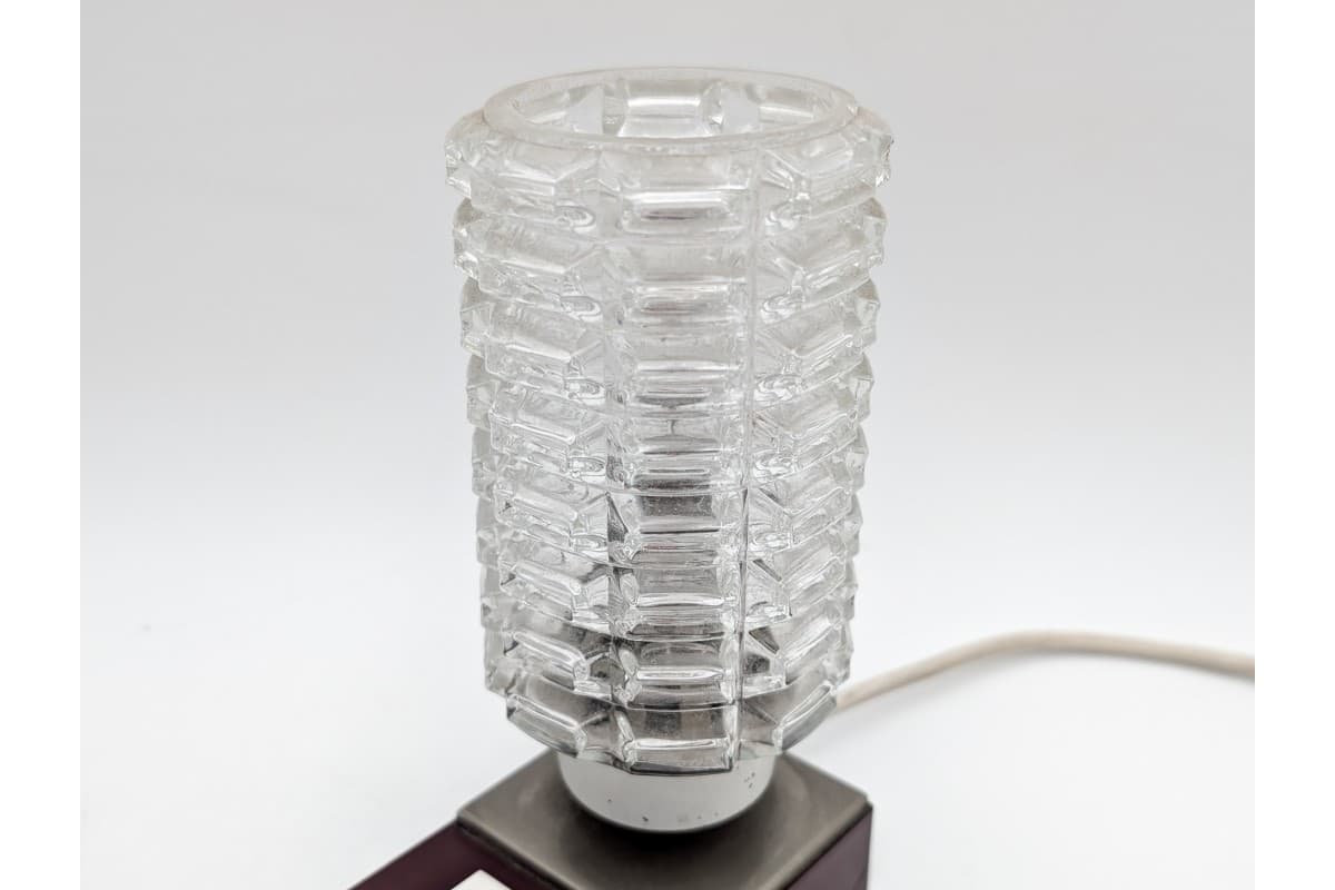 Lampka stołowa, bordowy, drewno, metal, szkło, modernizm, lata 60. - 78224