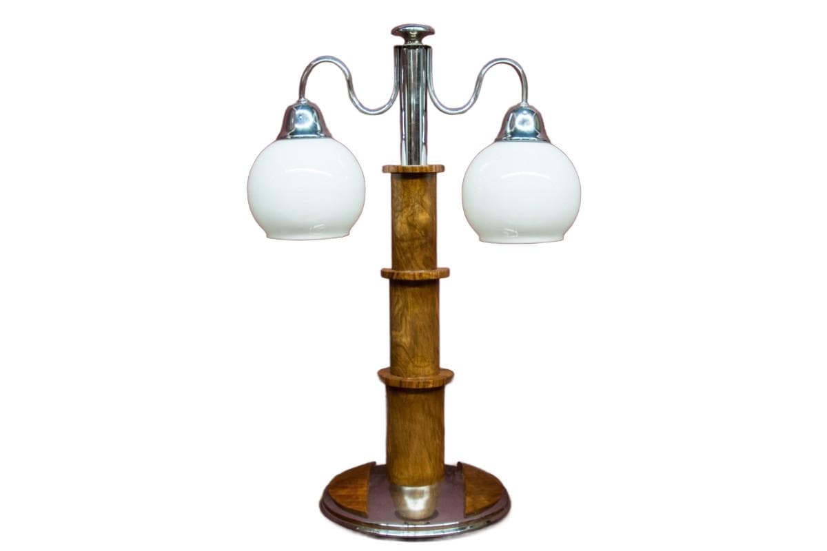 Table Lamp Art Deco, walnut brown, chrome, glass, Poland, 1960s