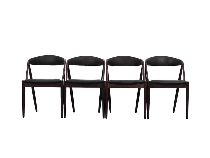 Komplet czterech krzeseł, palisander brązowy, skóra naturalna czarna, proj. K. Kristiansen, Dania, lata 70.