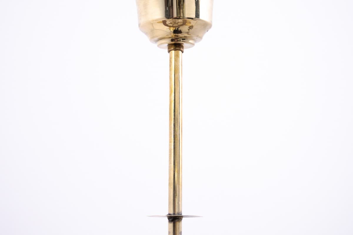 Żyrandol Art Deco, orzech, mosiądz, szkło beżowy, Polska, lata 50. - 77845