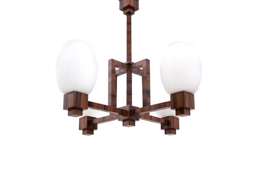 Żyrandol Art Deco, orzech brązowy, szkło białe, Polska, lata 40.