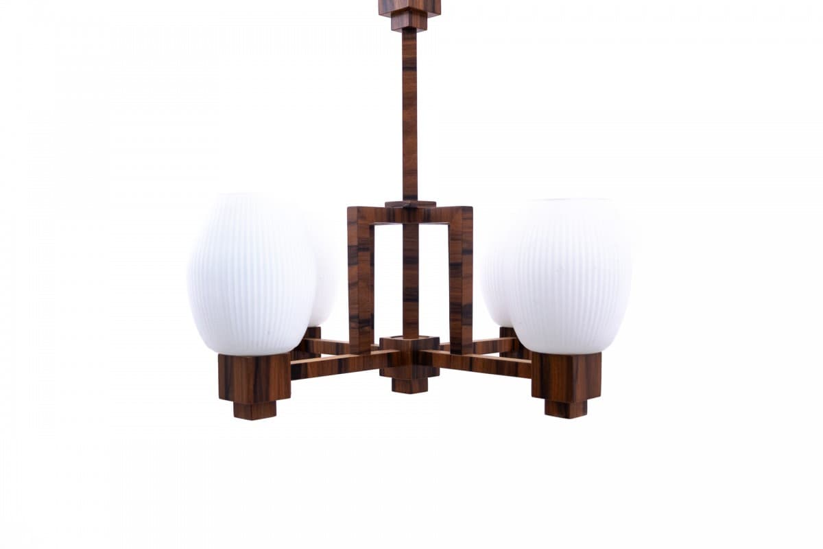 Żyrandol Art Deco, orzech brązowy, szkło białe, Polska, lata 40. - 77837