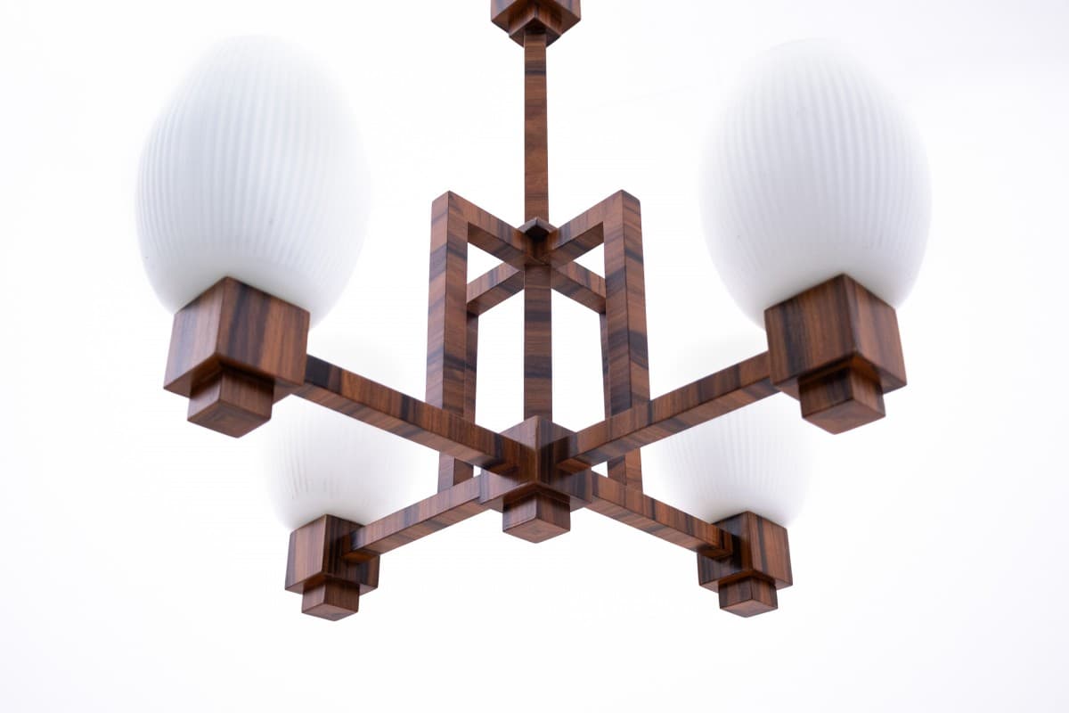 Żyrandol Art Deco, orzech brązowy, szkło białe, Polska, lata 40. - 77835