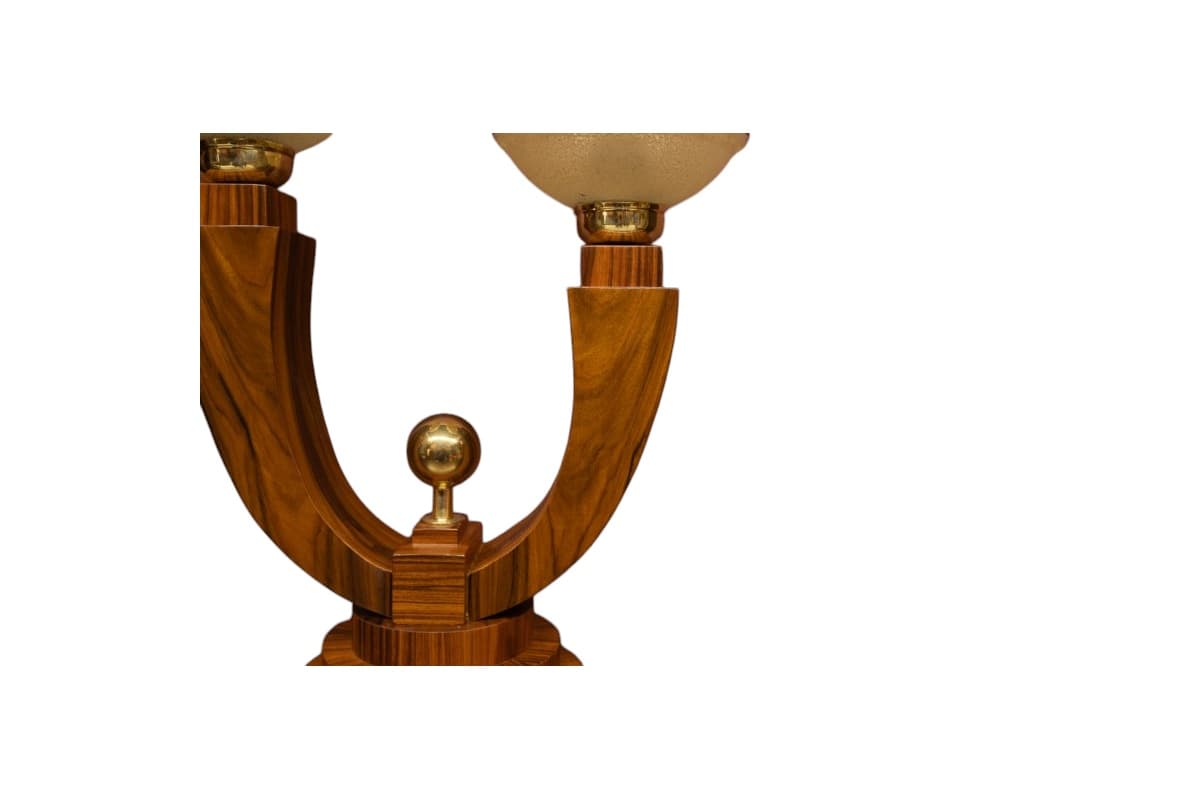 Pair of Art Deco Table Lamps, light brown walnut, cream glass, 1960s. - 77824