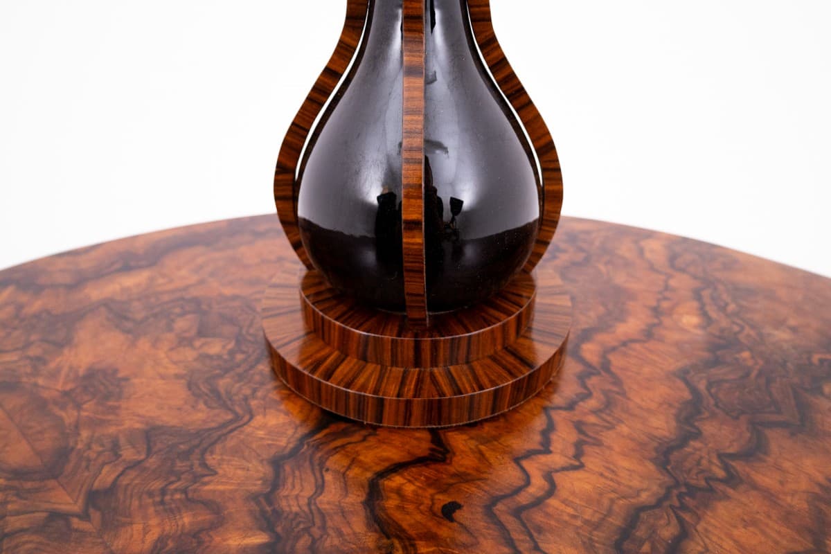 Para lamp stołowych Art Deco, ceramika czarna, drewno czerwonobrązowe, szkło opalowe, Polska, lata 50. - 77796