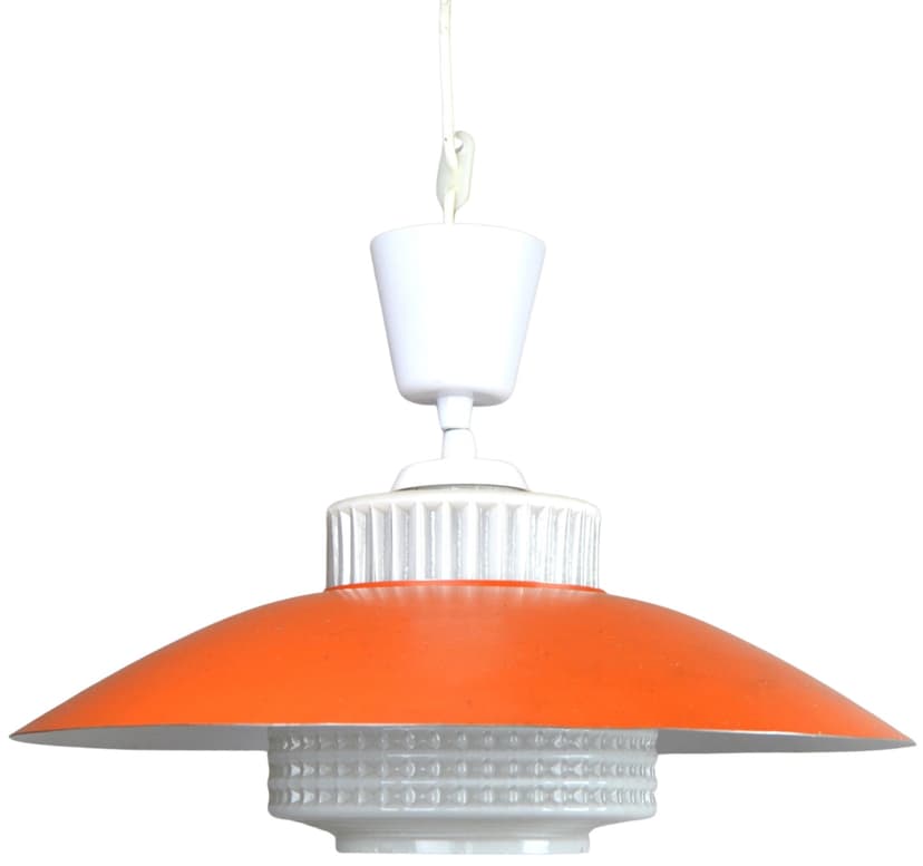 Lampa wisząca Pop Art, pomarańczowy metal, szkło opalowe, lata 60.