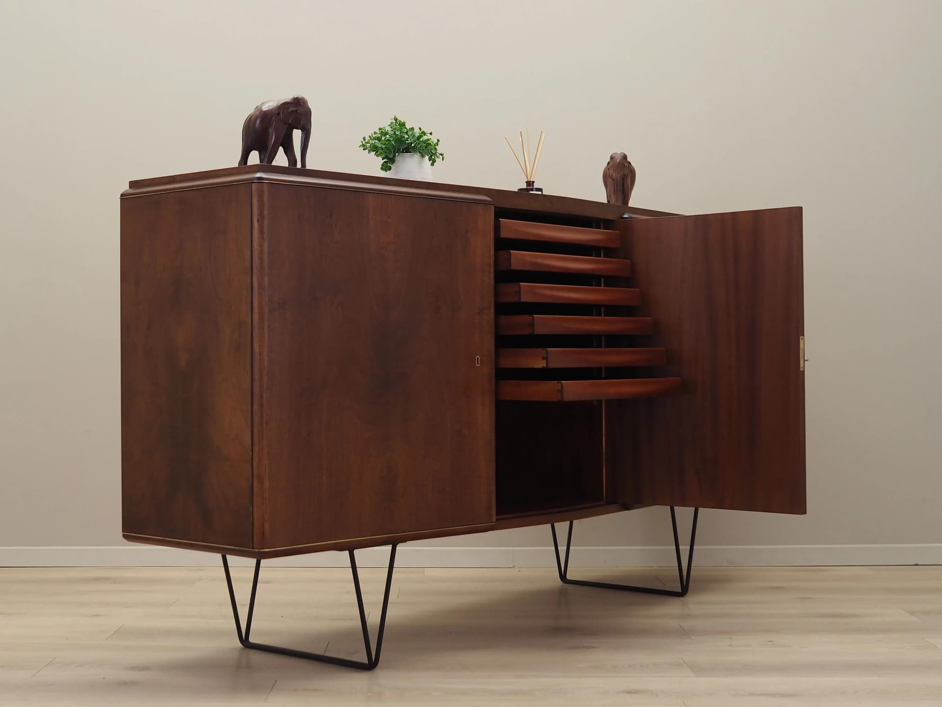 Highboard, walnut, black metal, Denmark, 1960s. - 40491